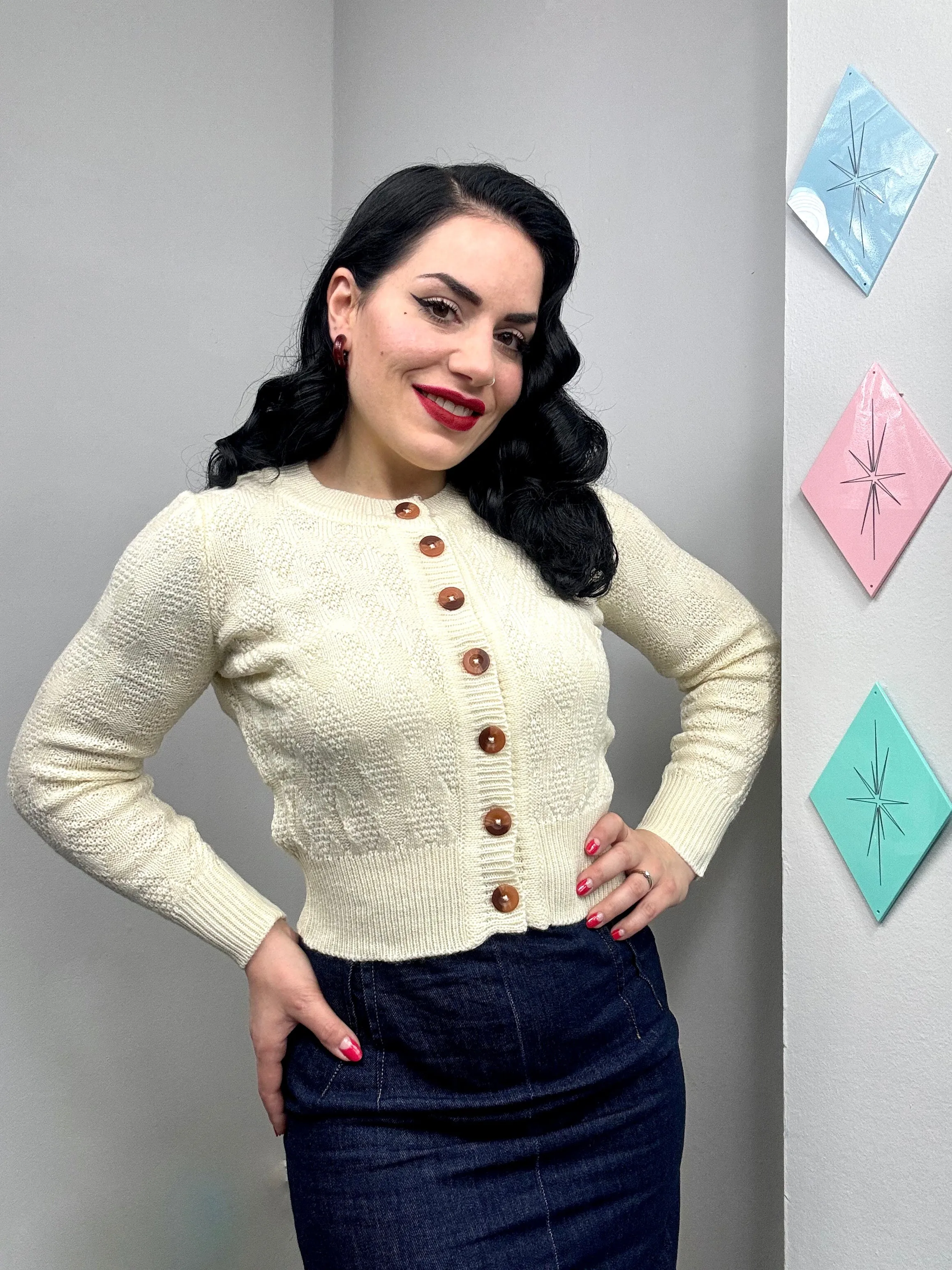 The "Sandra" Textured Diamond Knit Cardigan in Cream, 1940s & 50s Vintage Style