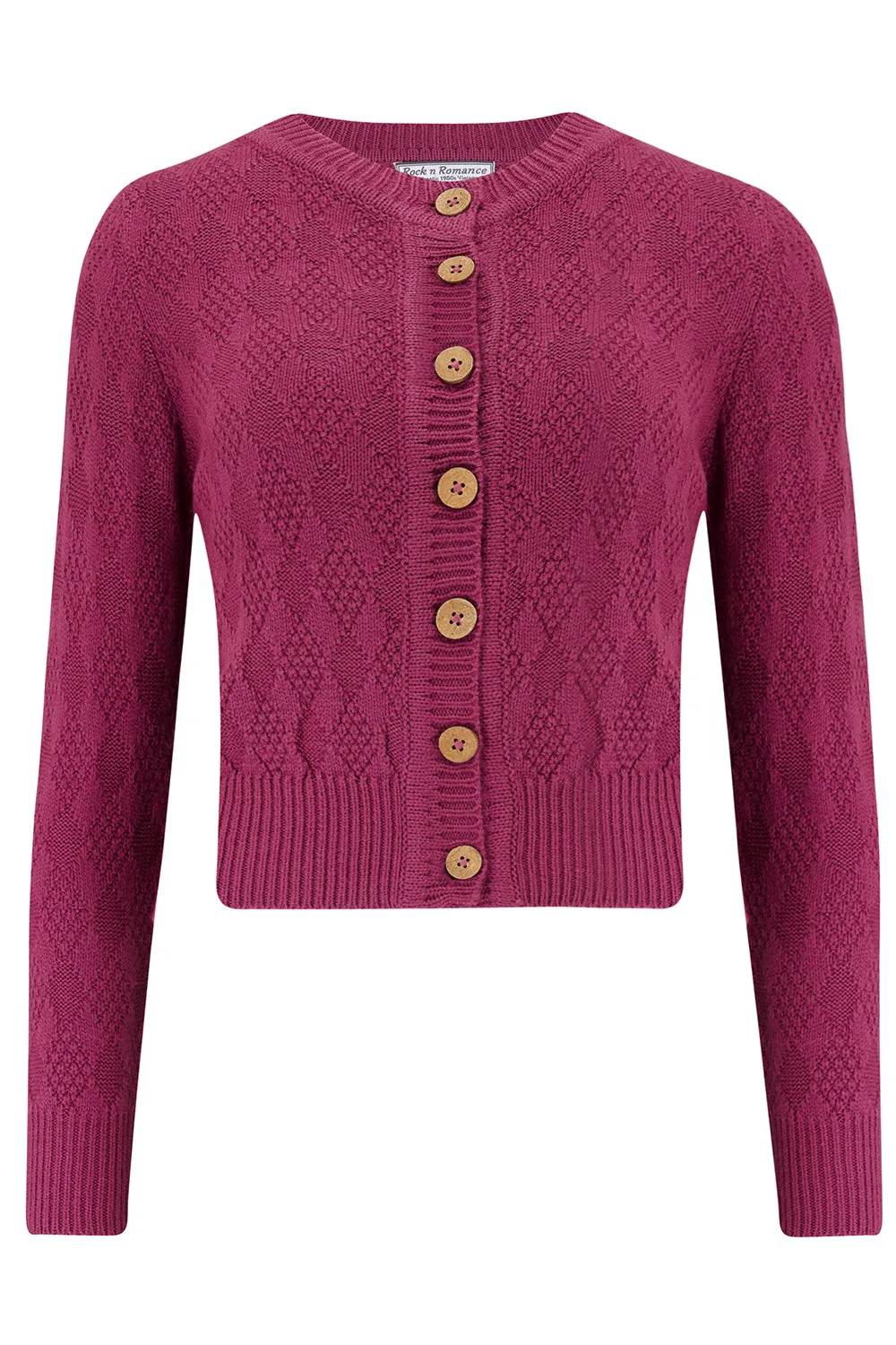 The "Sandra" Textured Diamond Knit Cardigan in Fuchsia Pink, 1940s & 50s Vintage Style