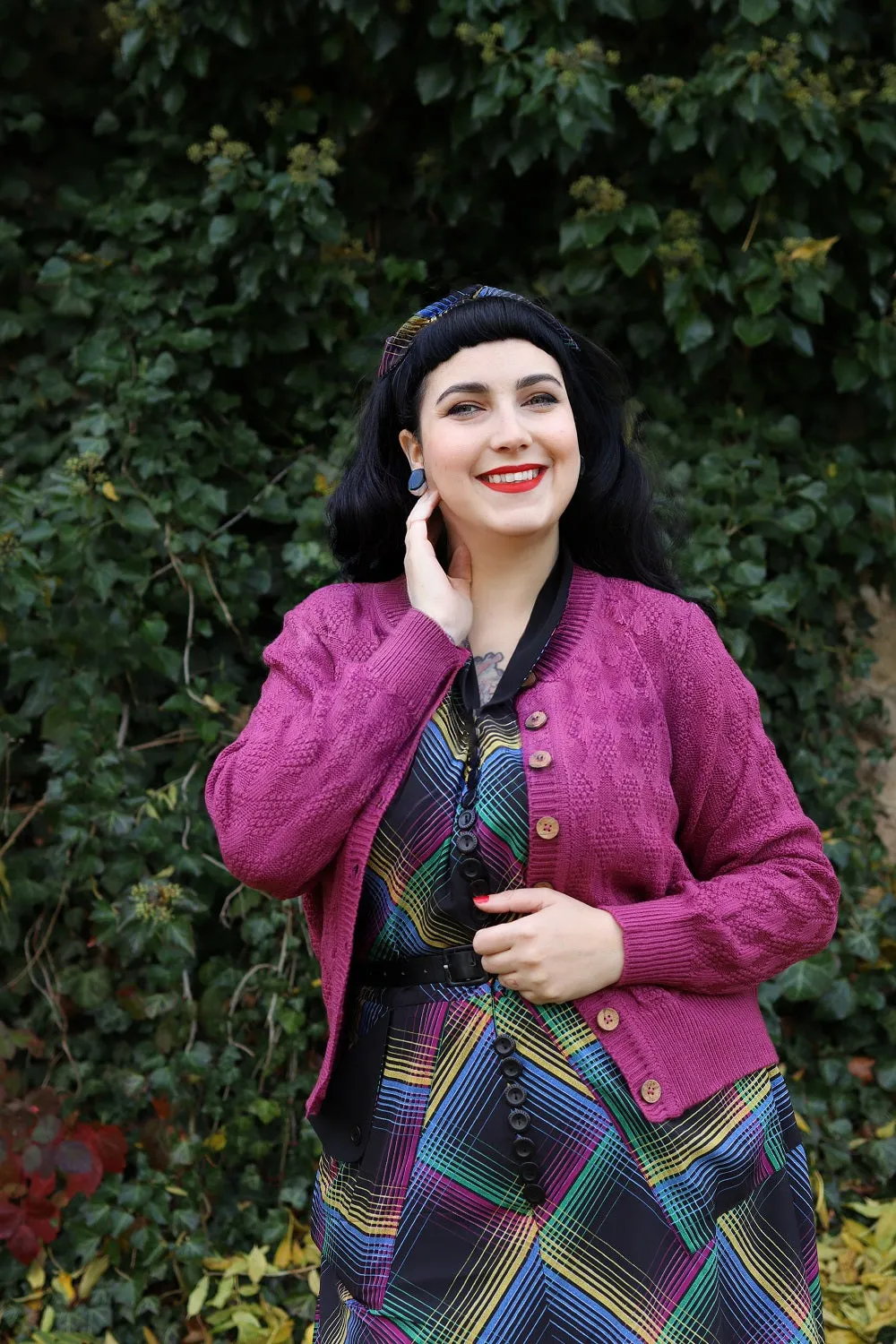 The "Sandra" Textured Diamond Knit Cardigan in Fuchsia Pink, 1940s & 50s Vintage Style
