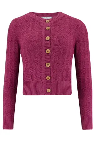 The "Sandra" Textured Diamond Knit Cardigan in Fuchsia Pink, 1940s & 50s Vintage Style