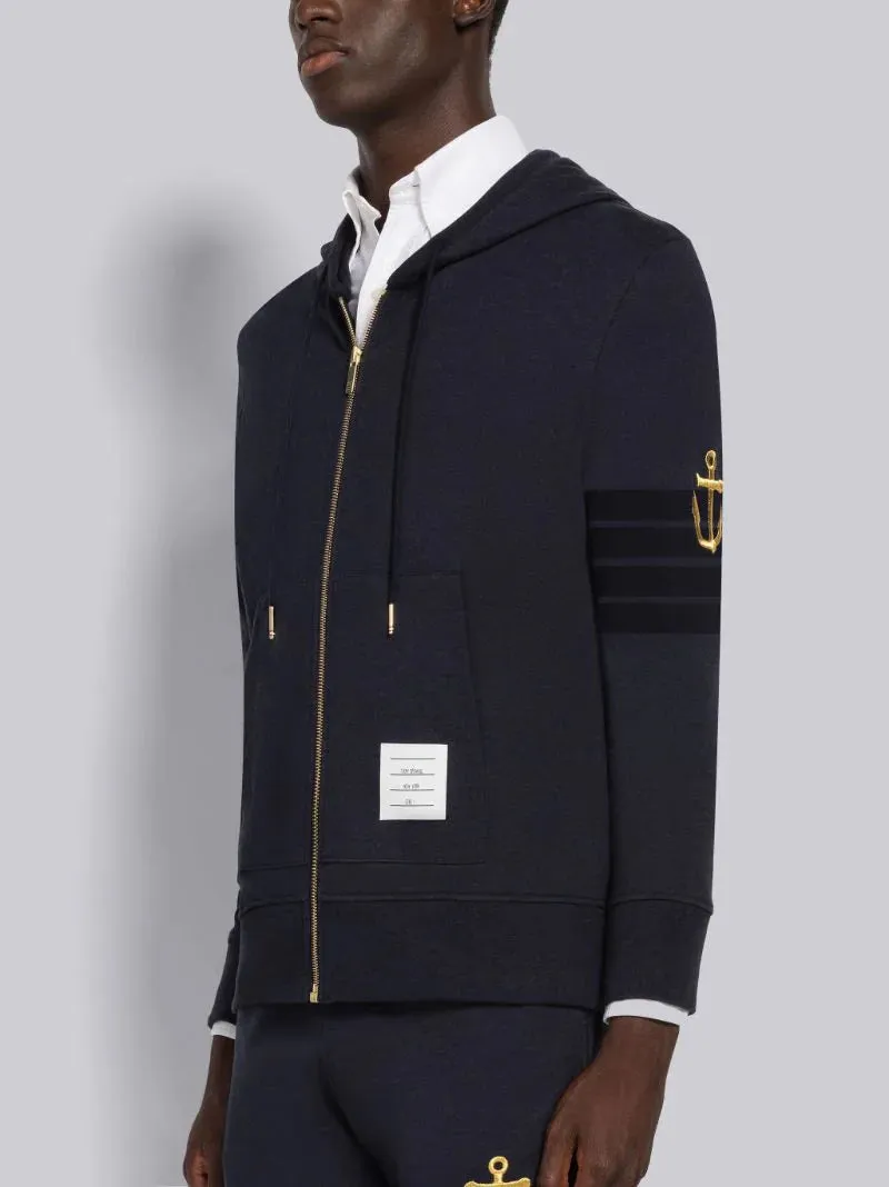 Thom Browne Lightweight Anchor Loopback 4-Bar Zip Hoodie