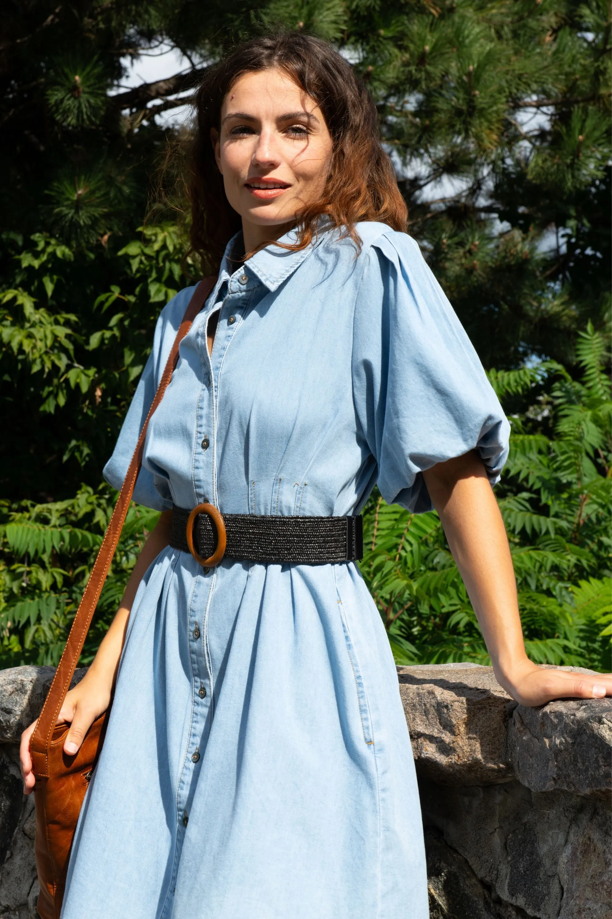 Viviane Denim Shirt Dress Puff Sleeve Button Down Fitted Waist Casual