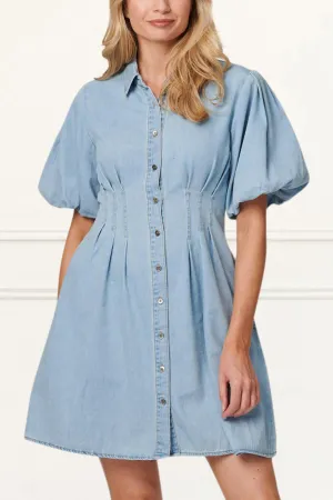 Viviane Denim Shirt Dress Puff Sleeve Button Down Fitted Waist Casual