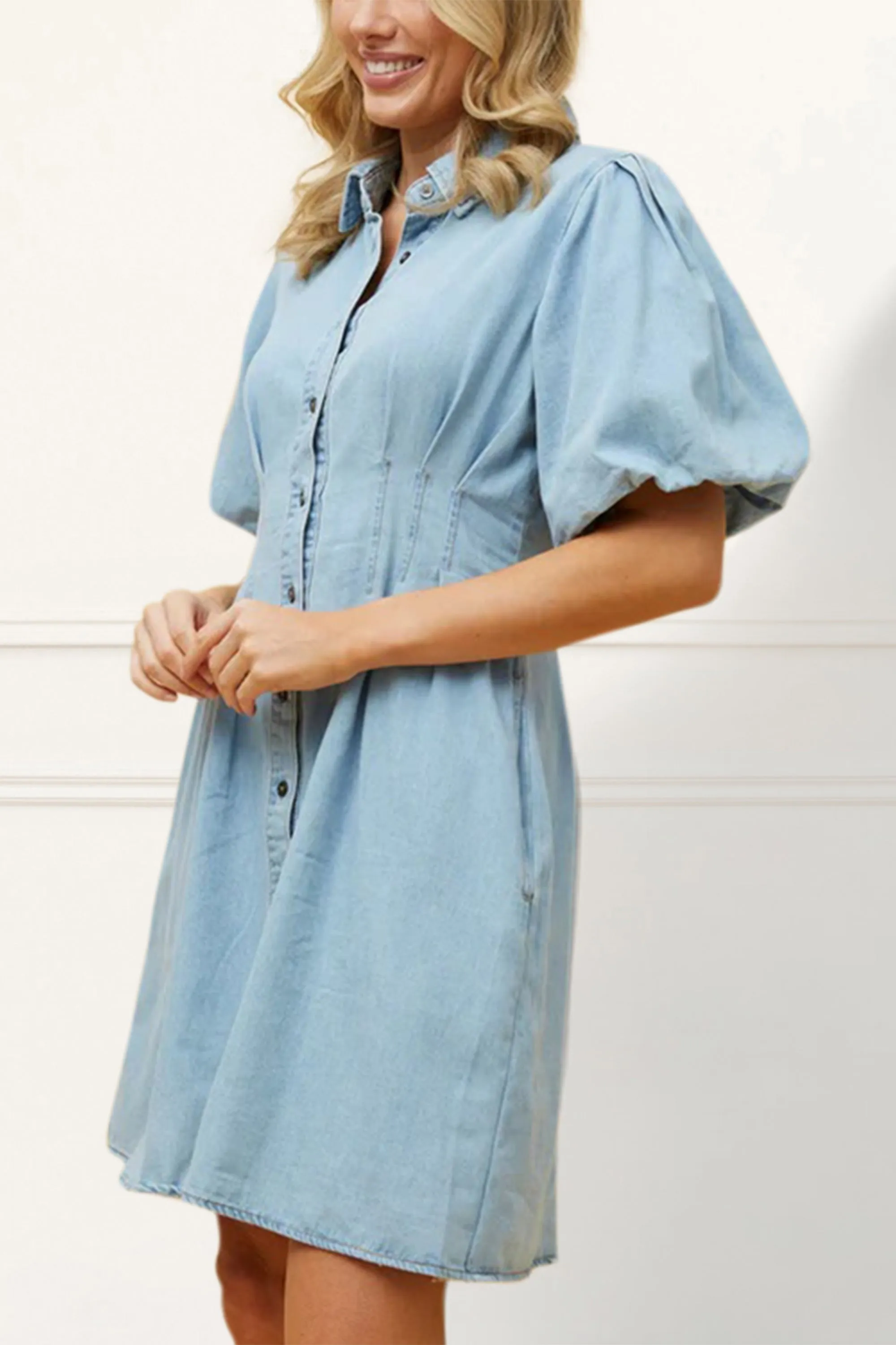 Viviane Denim Shirt Dress Puff Sleeve Button Down Fitted Waist Casual