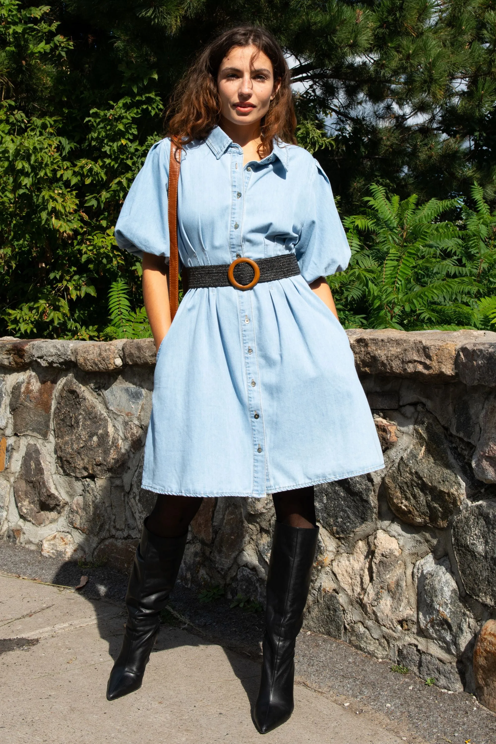 Viviane Denim Shirt Dress Puff Sleeve Button Down Fitted Waist Casual