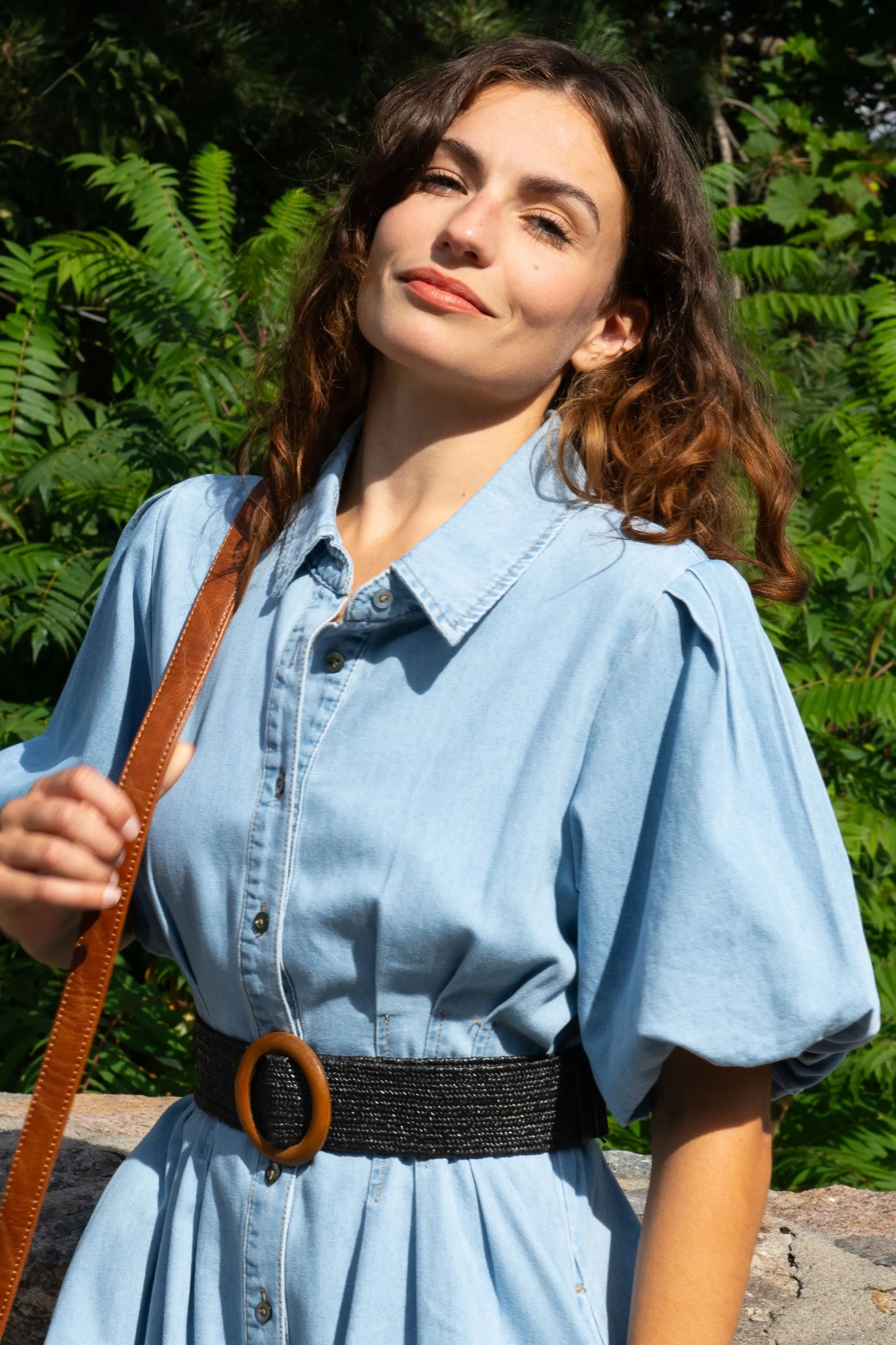 Viviane Denim Shirt Dress Puff Sleeve Button Down Fitted Waist Casual