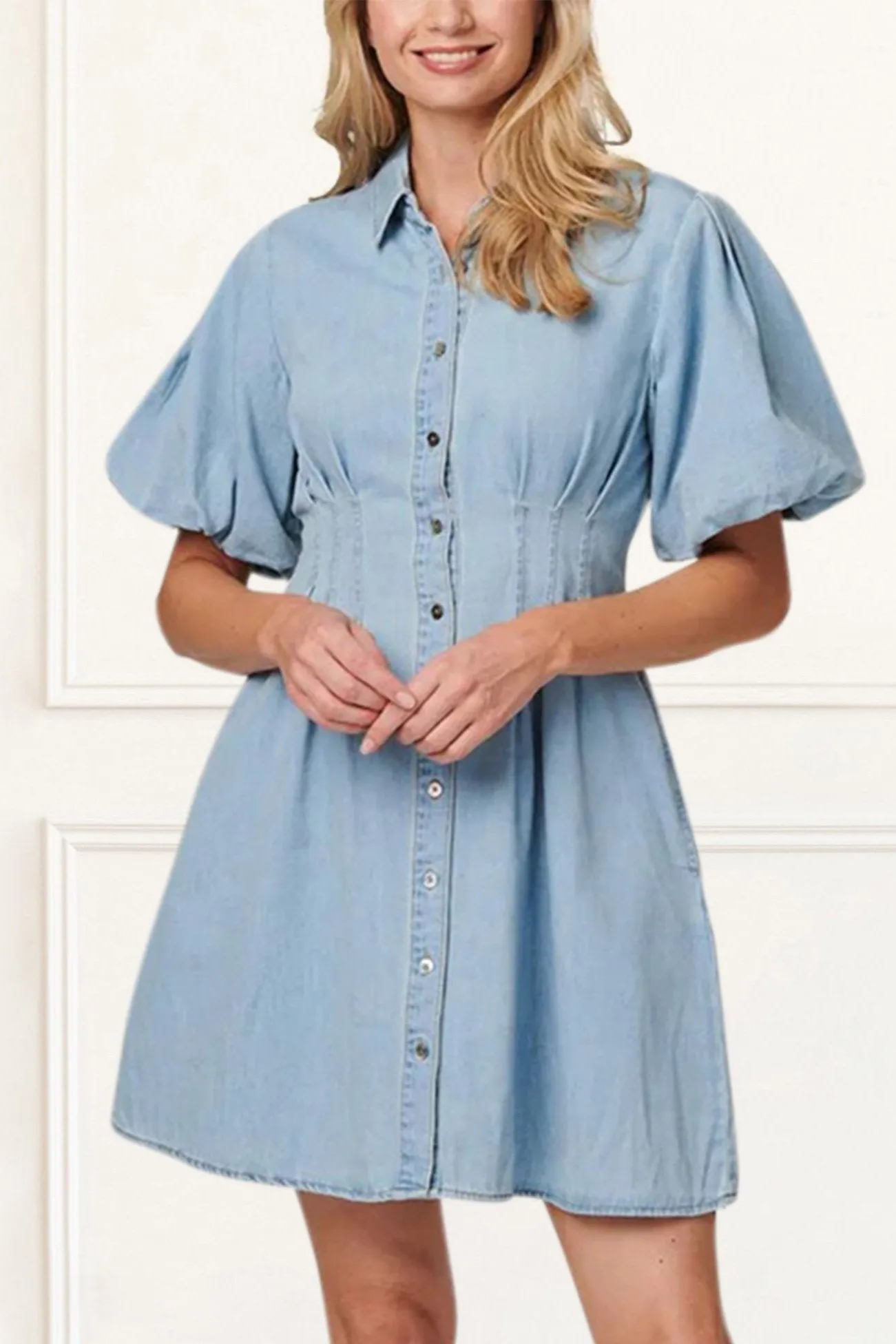 Viviane Denim Shirt Dress Puff Sleeve Button Down Fitted Waist Casual