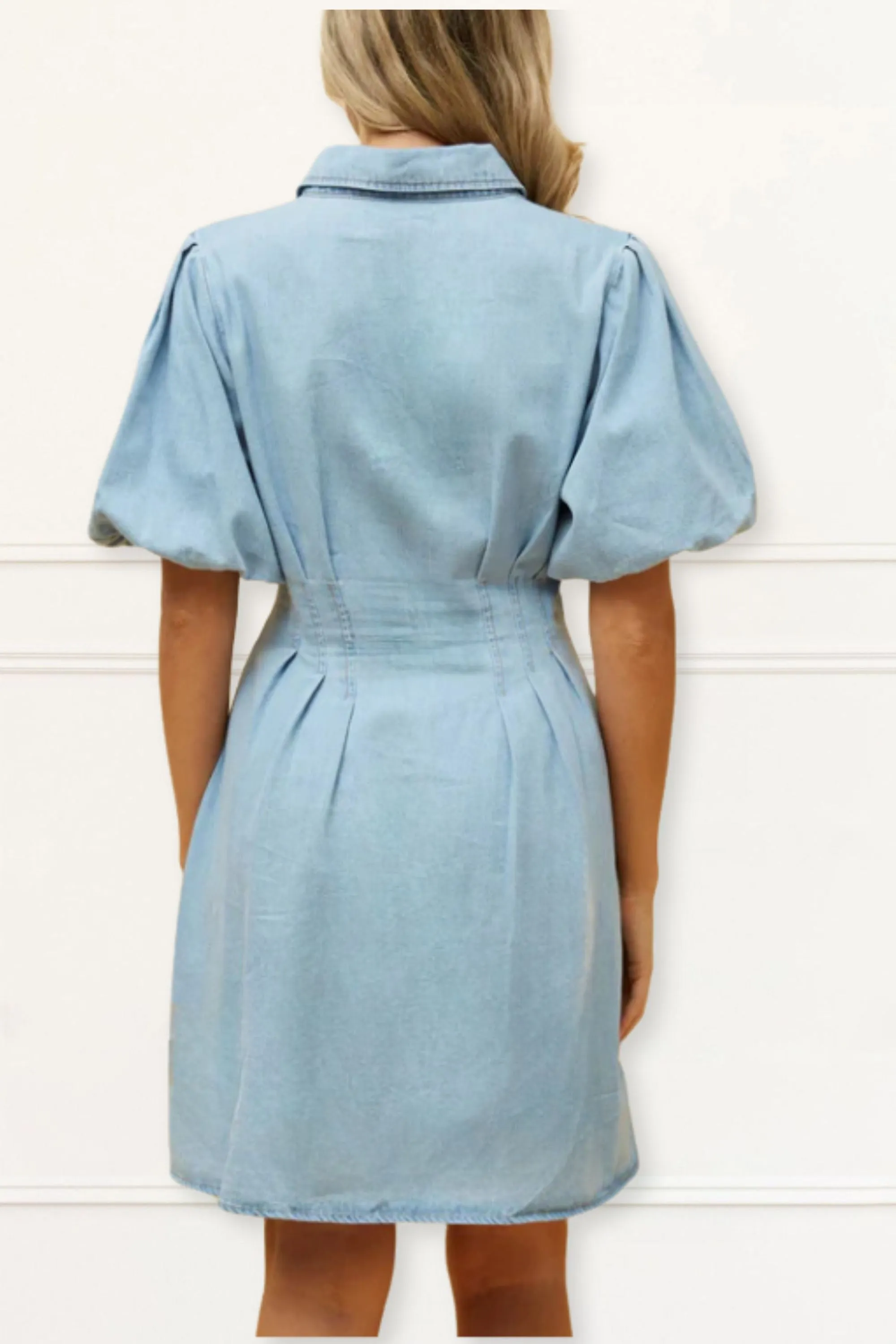 Viviane Denim Shirt Dress Puff Sleeve Button Down Fitted Waist Casual