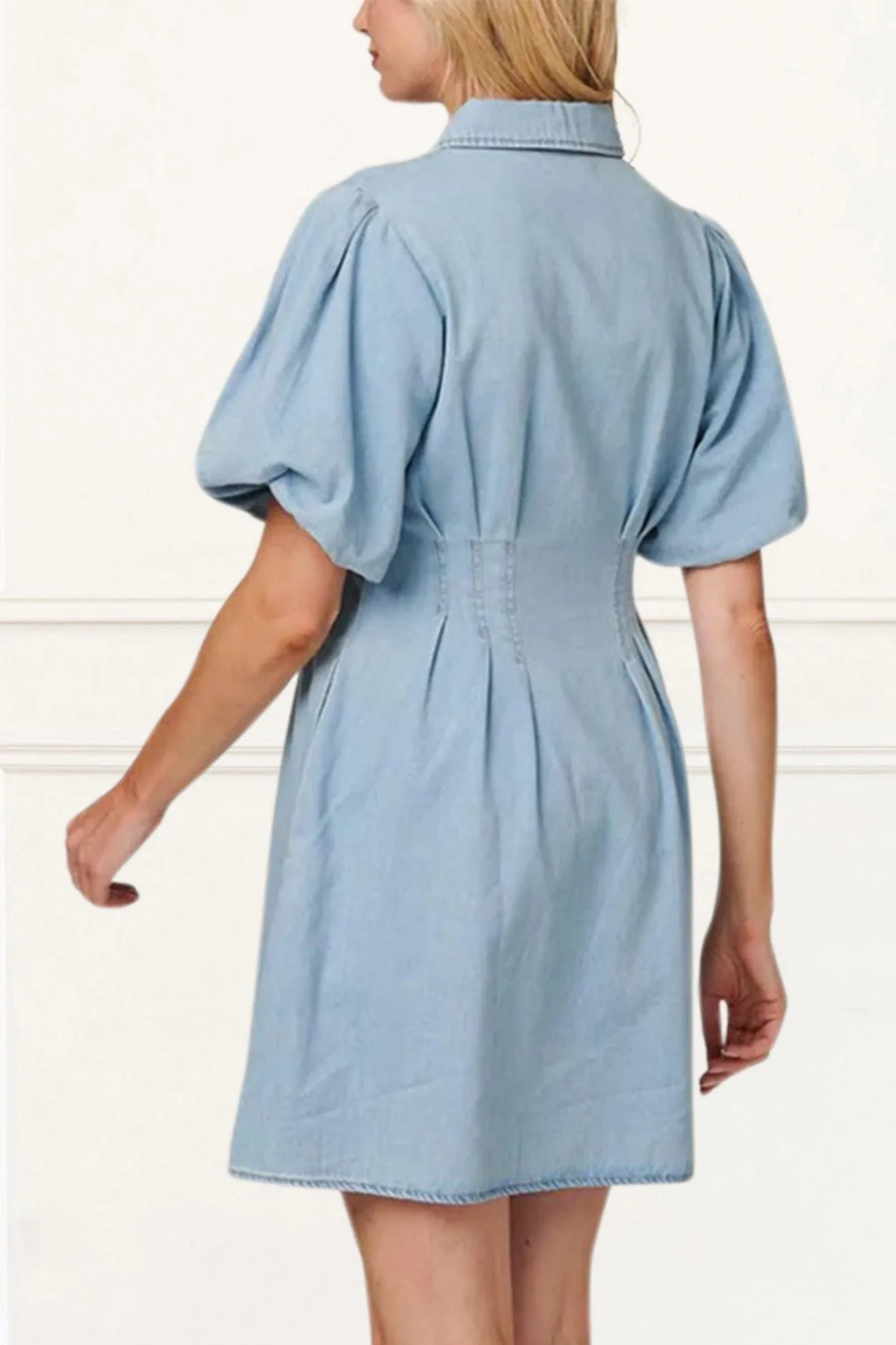 Viviane Denim Shirt Dress Puff Sleeve Button Down Fitted Waist Casual