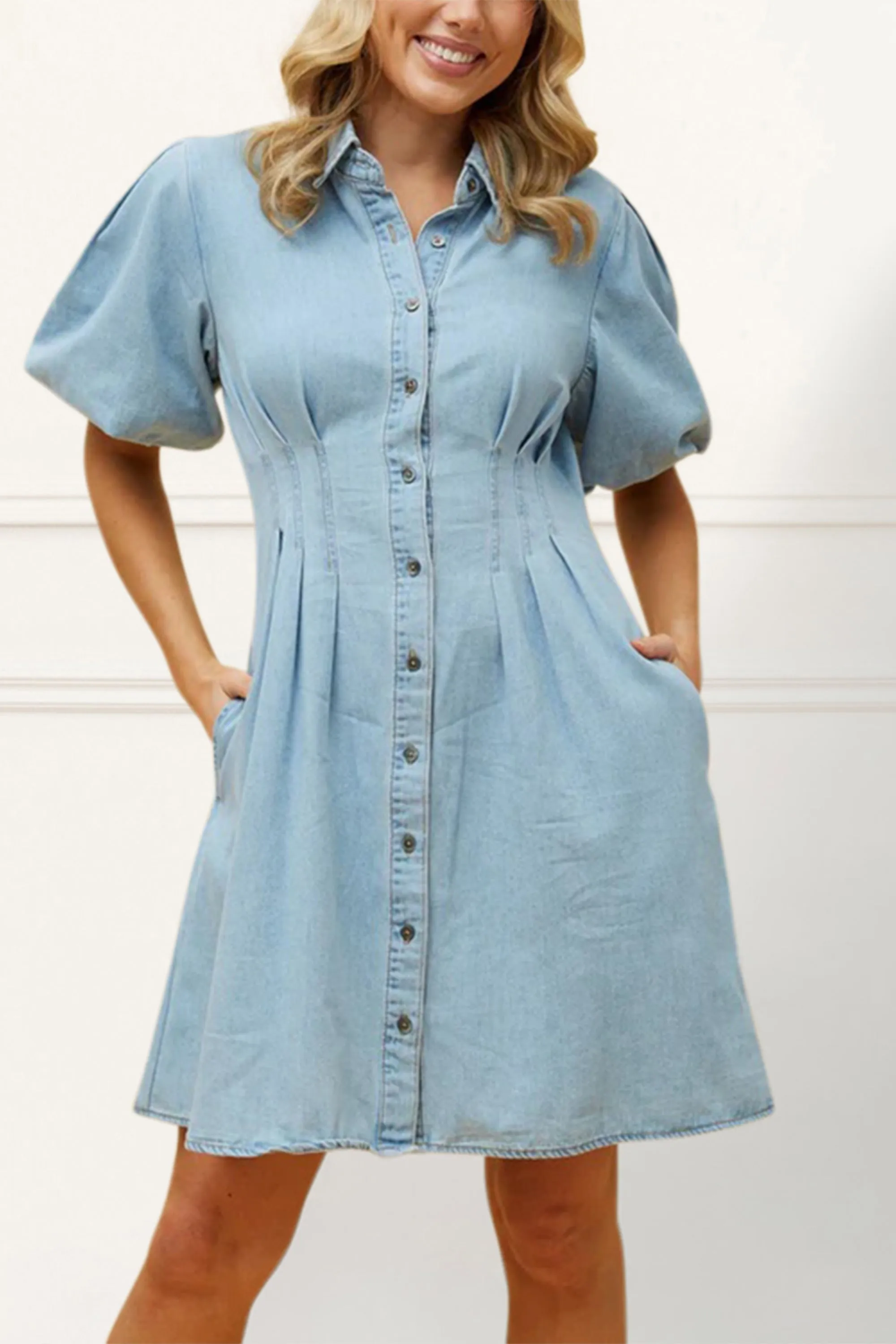 Viviane Denim Shirt Dress Puff Sleeve Button Down Fitted Waist Casual