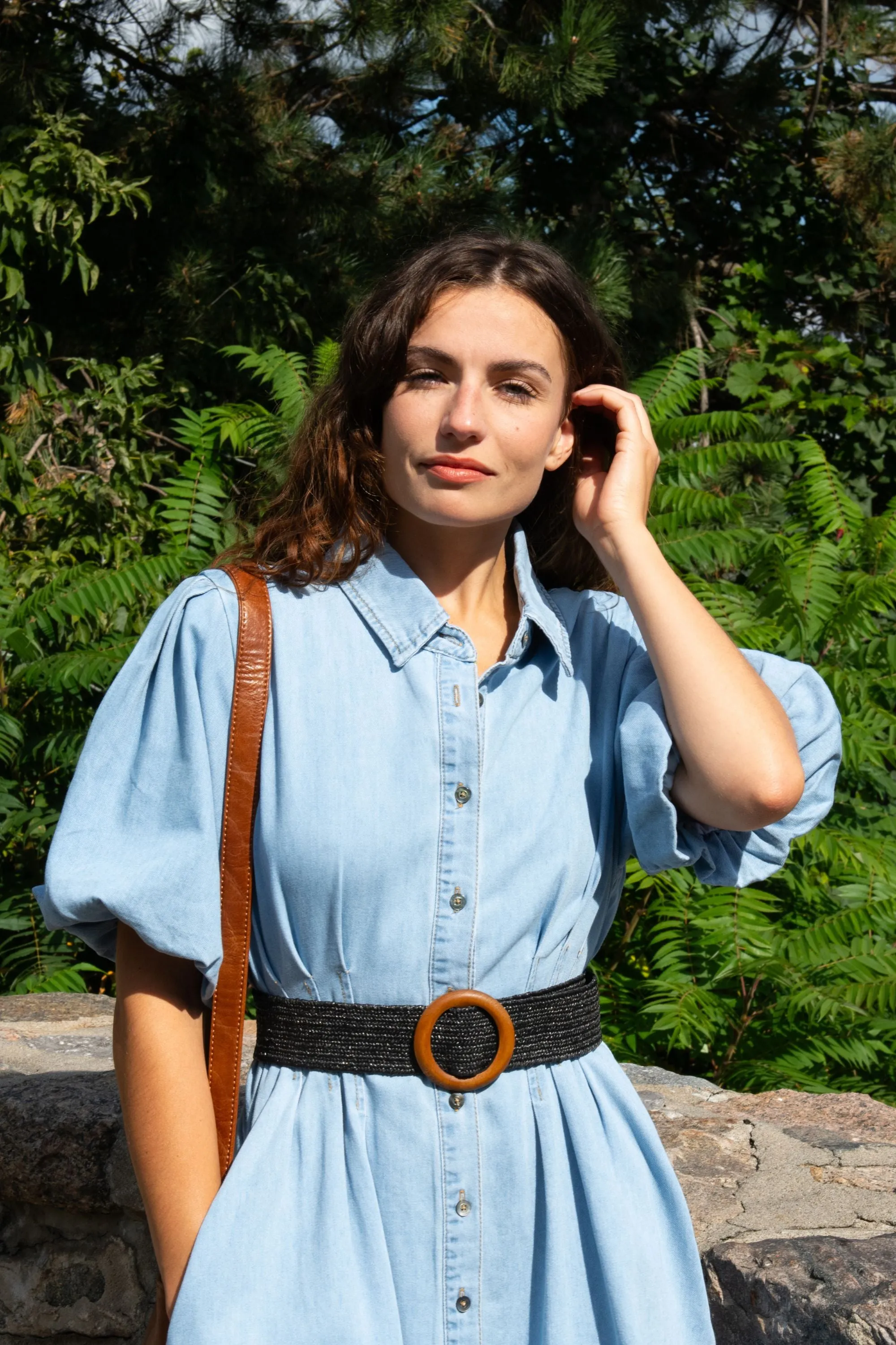 Viviane Denim Shirt Dress Puff Sleeve Button Down Fitted Waist Casual