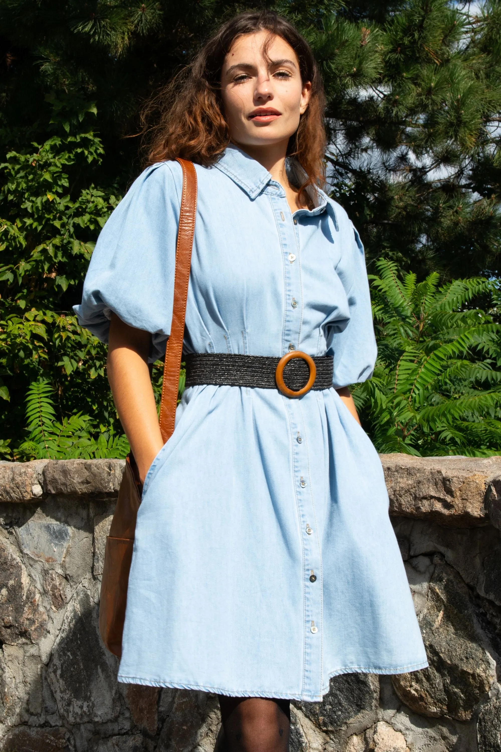 Viviane Denim Shirt Dress Puff Sleeve Button Down Fitted Waist Casual