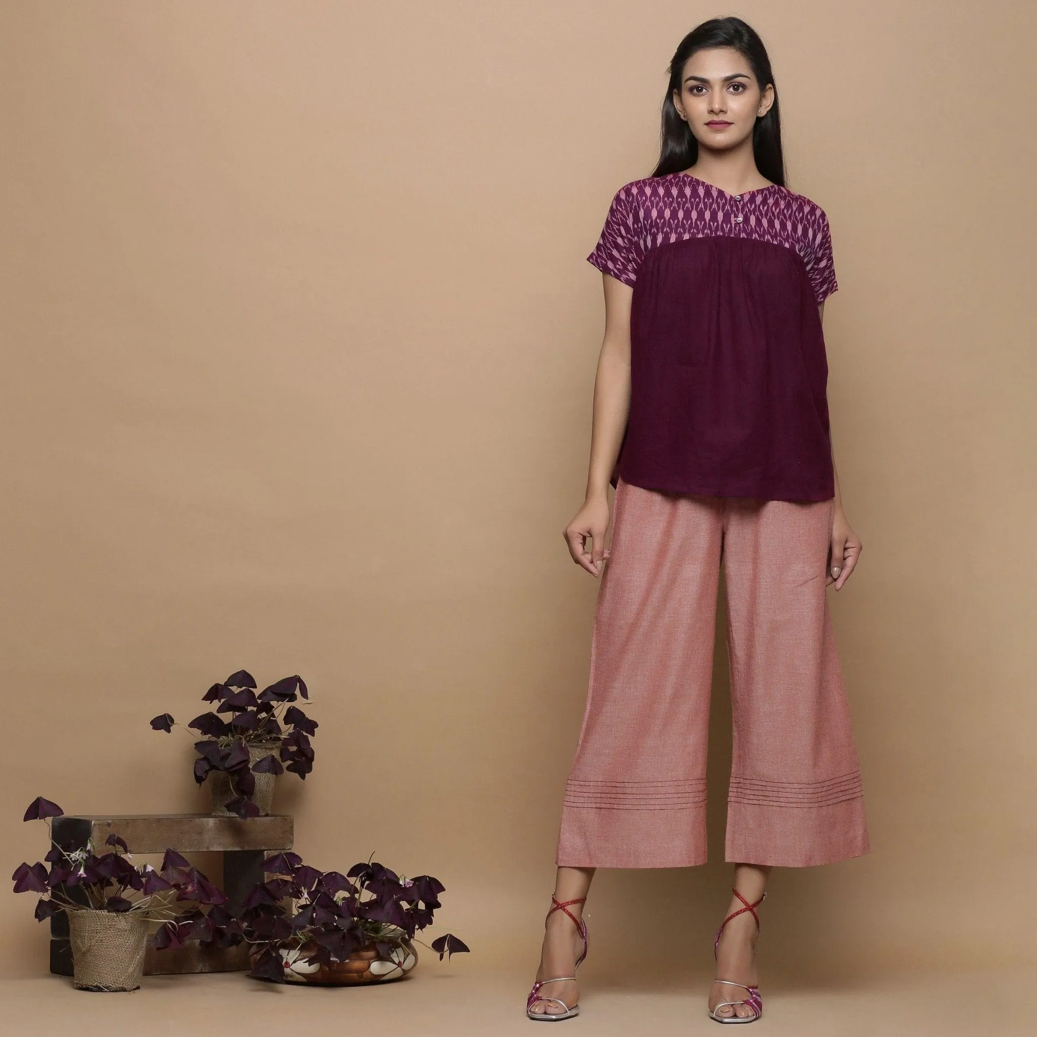 Wine Handspun Cotton Muslin V-Neck Gathered Yoke Top
