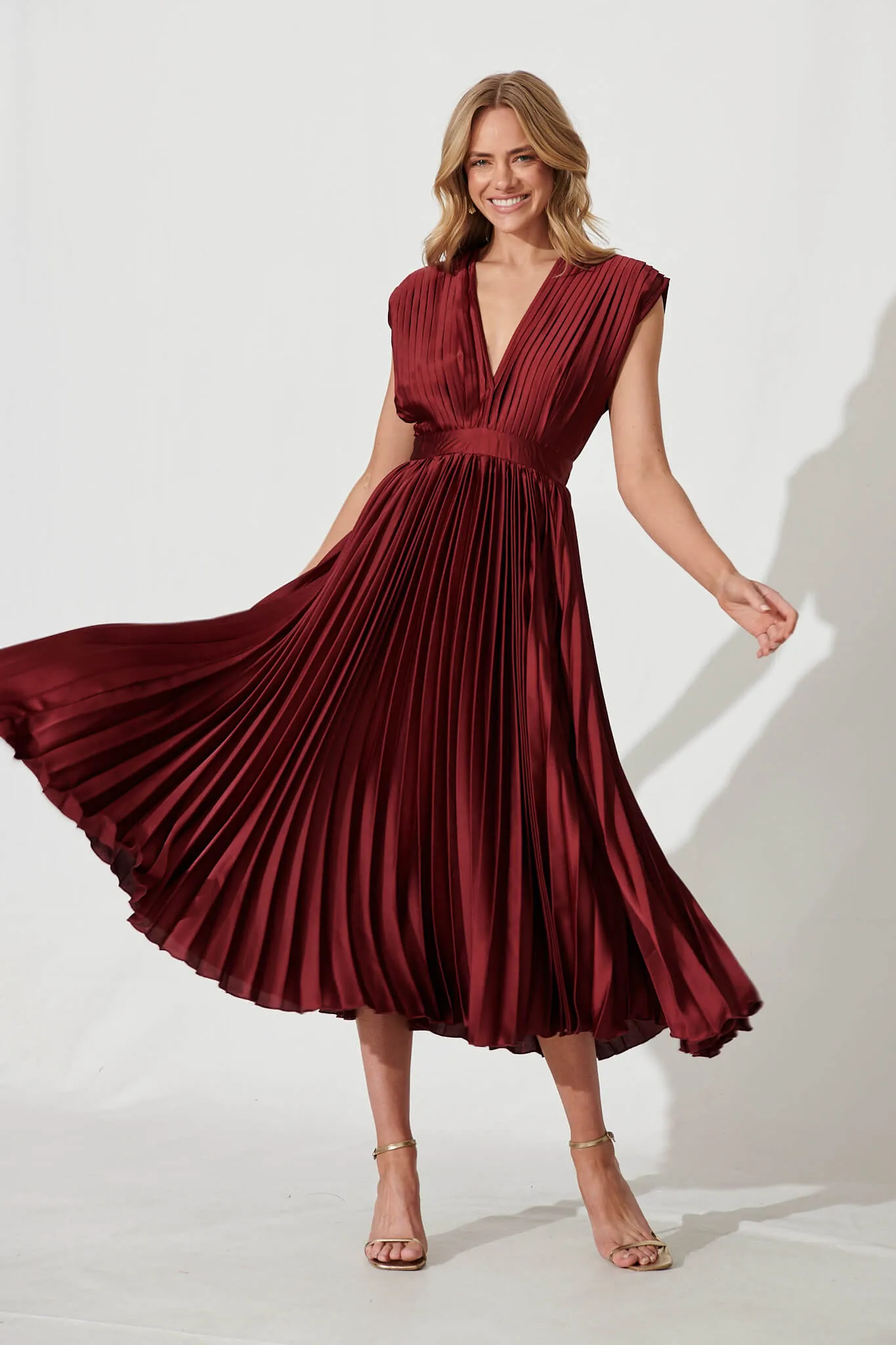 Wine Satin Pleated Midi Dress