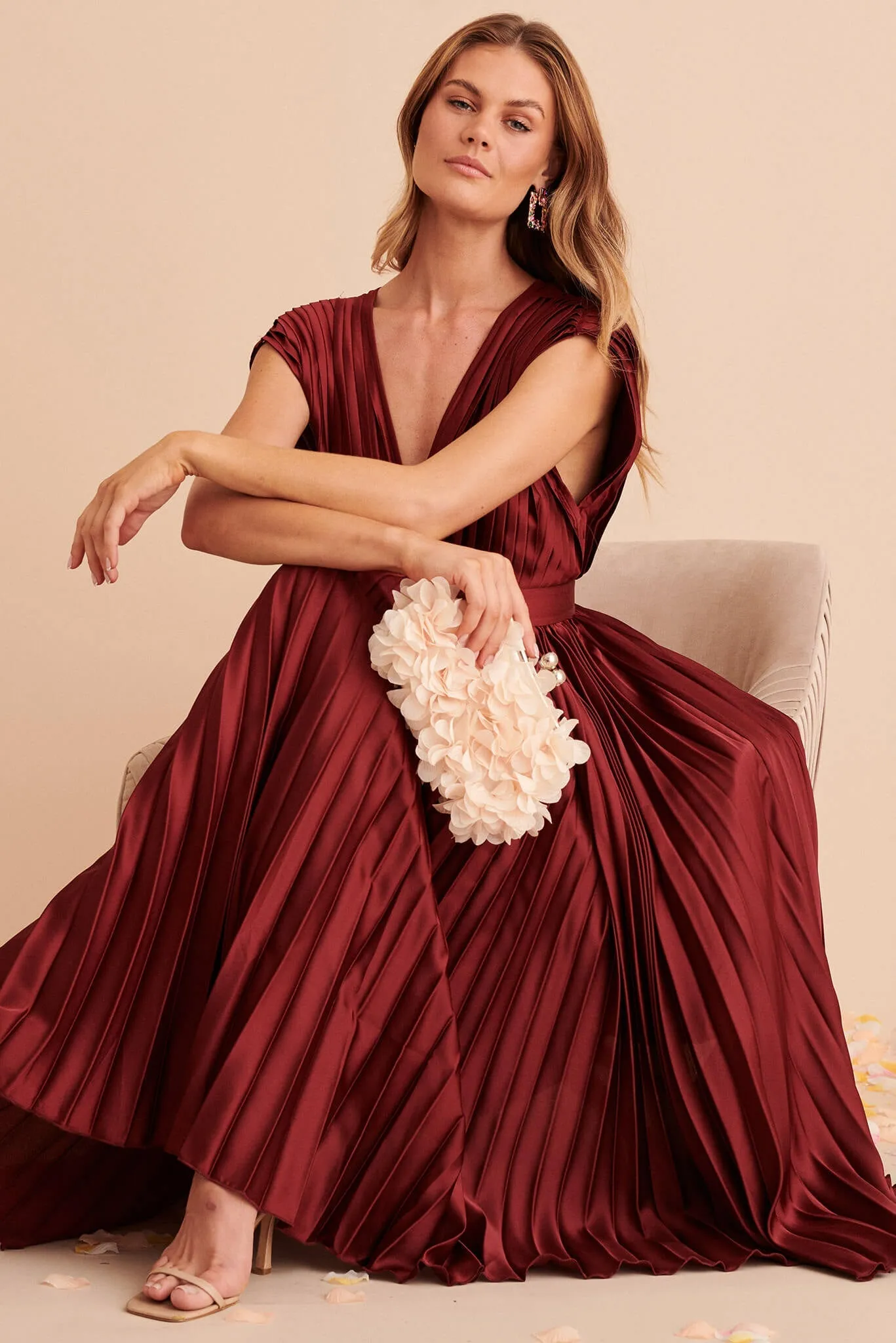 Wine Satin Pleated Midi Dress