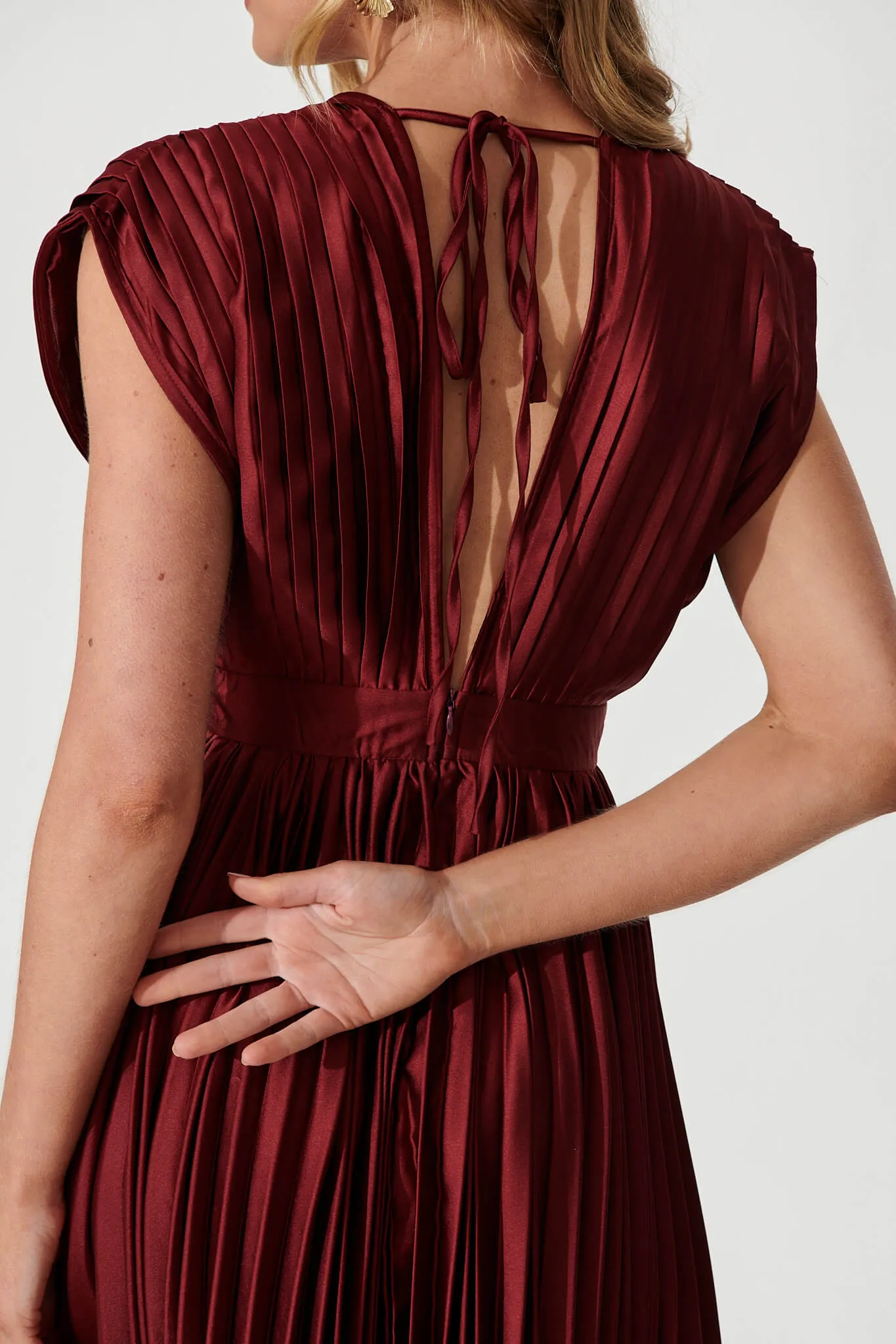 Wine Satin Pleated Midi Dress