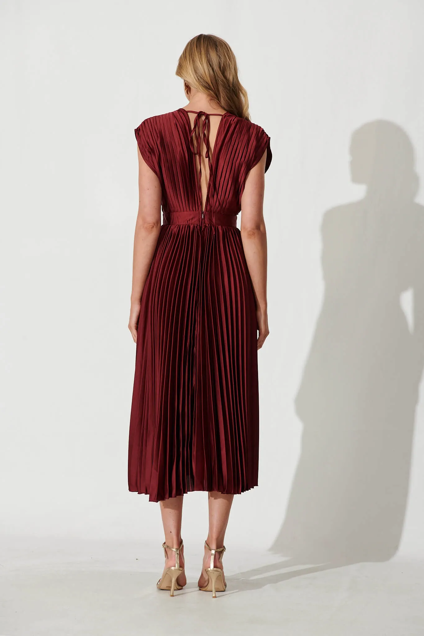 Wine Satin Pleated Midi Dress