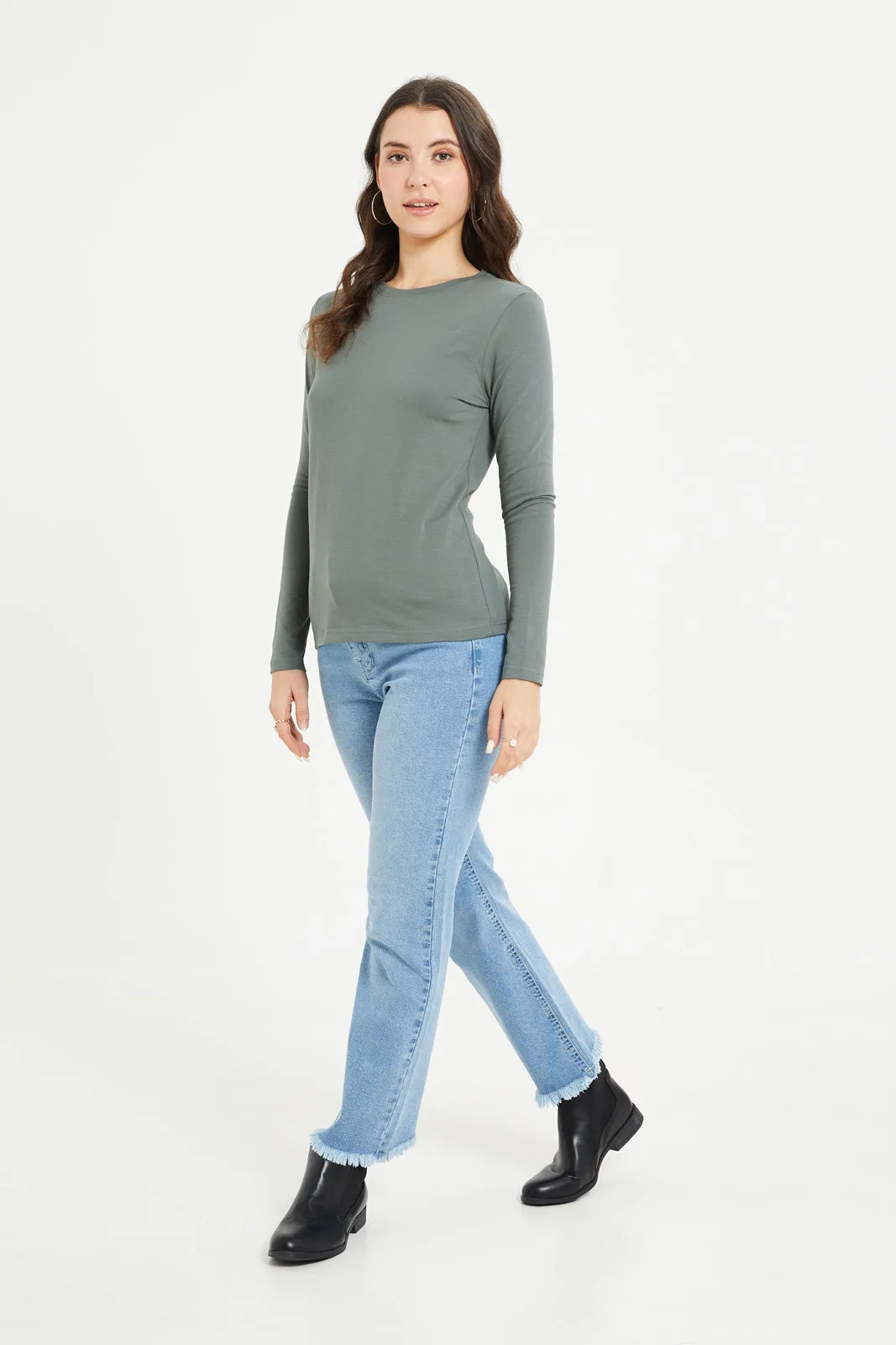 Women Olive Basic T-Shirt