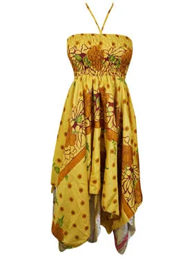 Women's Luxe Halter Dress, Yellow Boho Recycled Silk Dresses S/M