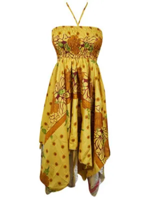 Women's Luxe Halter Dress, Yellow Boho Recycled Silk Dresses S/M