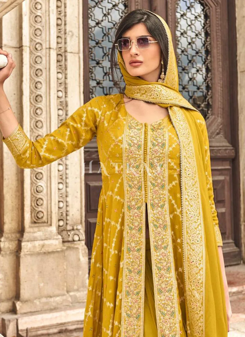 Yellow Embroidered Slit Style Palazzo Suit