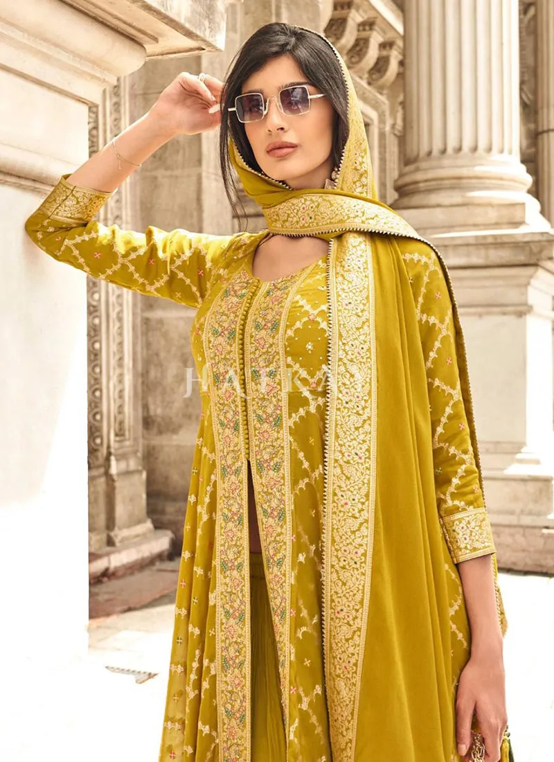 Yellow Embroidered Slit Style Palazzo Suit